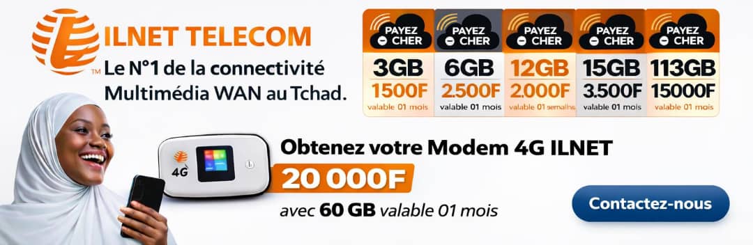ILNET TELECOM — Offres internet au Tchad et modem 4G à 20 000 F avec 60 Go valables un mois.