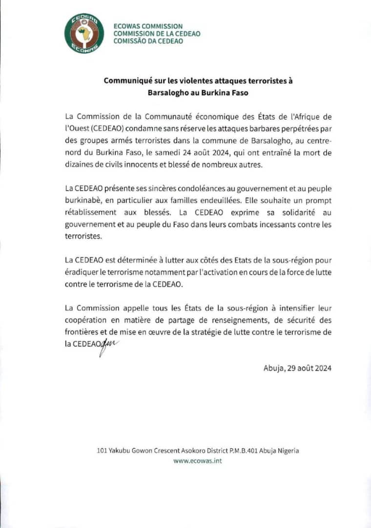 Communiqué de la CEDEAO sur les “violentes attaques terroristes” à Barsalogho au BurkinaFaso
