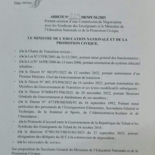 Education/Le Ministre de l’Education Nationale et de la Promotion Civique crée une Commission de Négociation avec les Syndicats des Enseignants